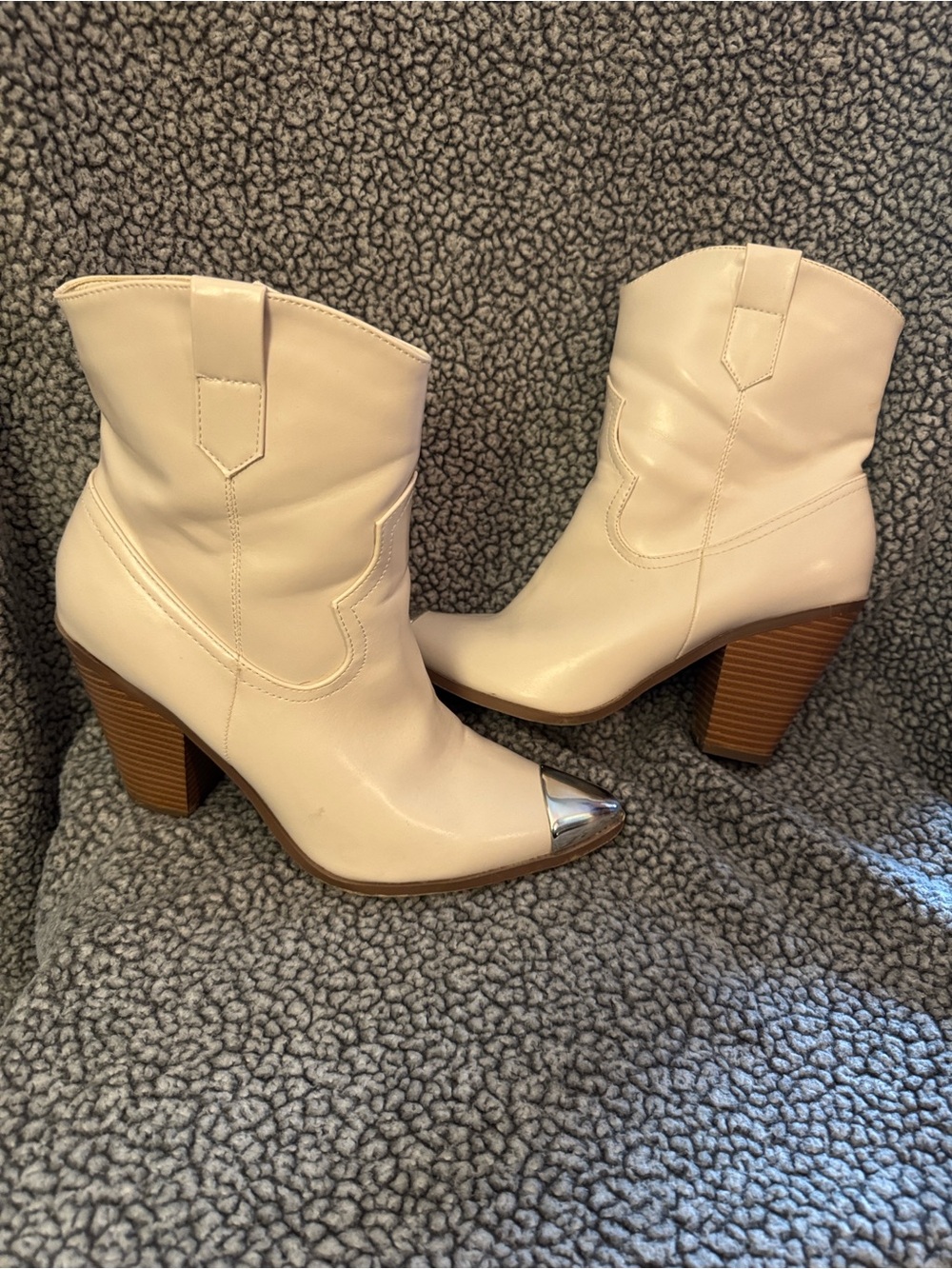 JustFab Cream Western Ankle Boots with Silver Toe